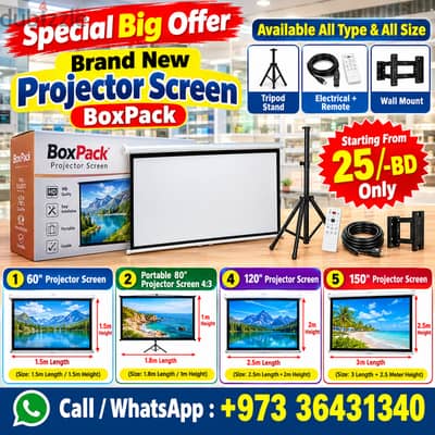 New Projector Screen Box Pack All Size All Type With Tripod Stand