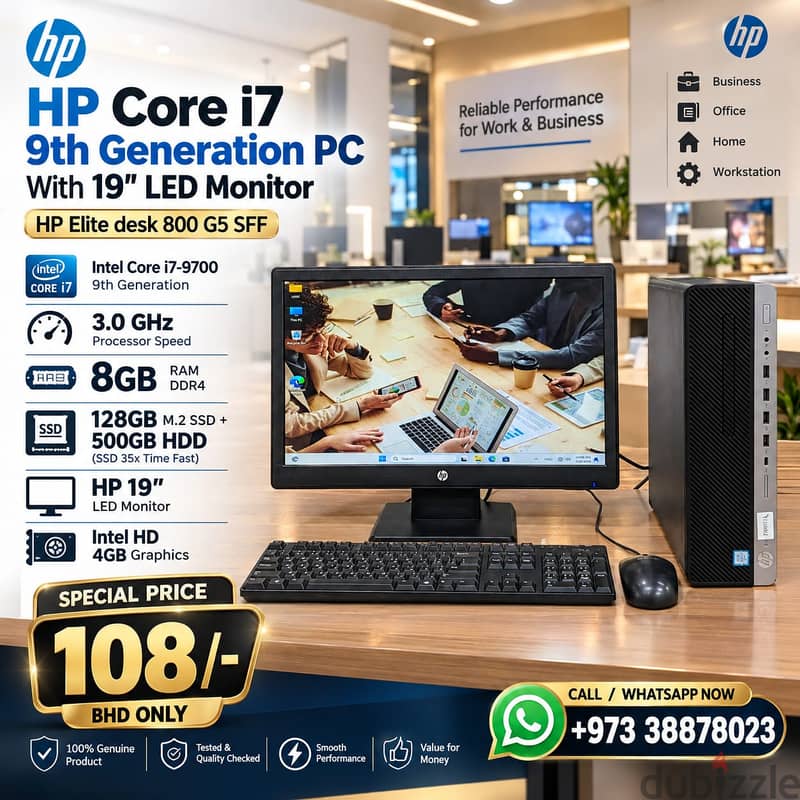 HP Core i7 9th Gen PC 8GB RAM 128GB M. 2 SSD +500GB HDD (35x Fast) 19" 1
