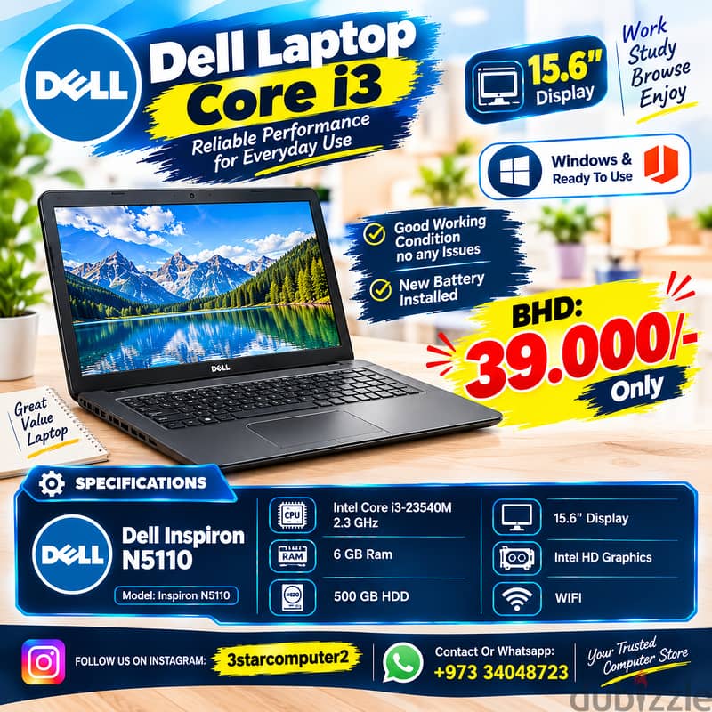 Dell Laptop Core i3 6GB RAM 15.6"Display Window, Office New Battery 1