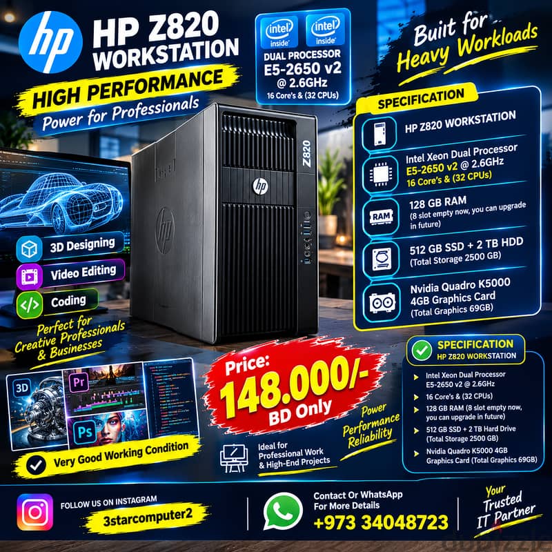 HP Workstation Xeon Dual Processor 128GB RAM 512GBSSD+2TBHD 4GBGraphic 1