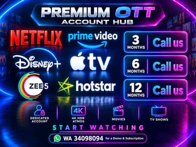 AIO OTT ACCOUNT • NETFLIX • DISNEY+ • PRIME VIDEO • APPLE TV+ • ZEE5