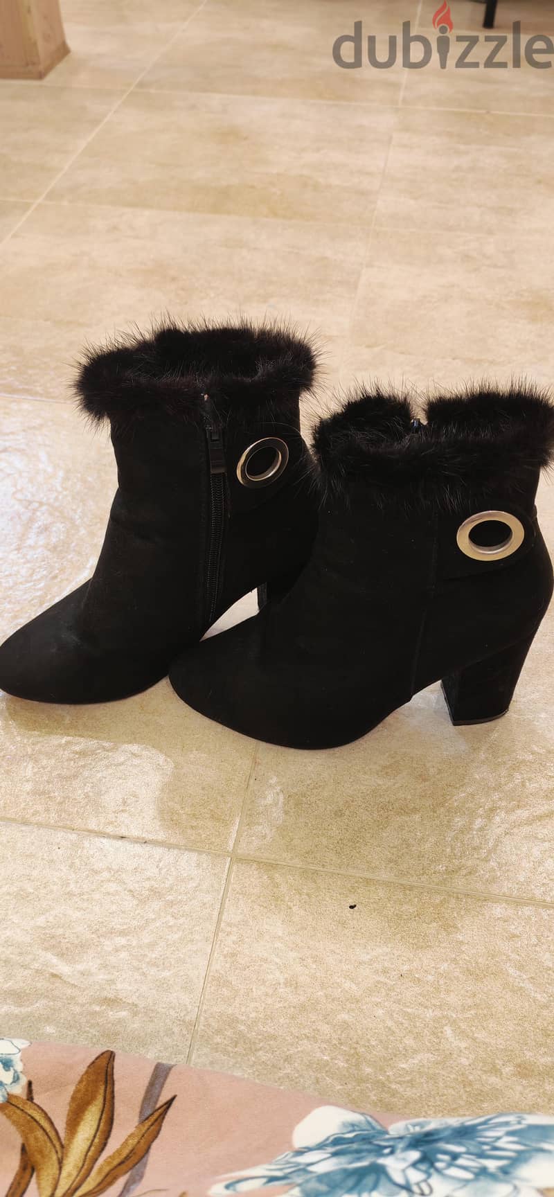 Vintage black high heel boots with faux fur 1
