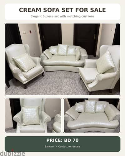 Elegant Cream Leather Sofa Set for Sale – BD 60