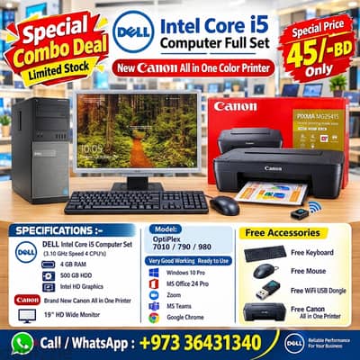 DELL Core i5 Computer Full Set 19" HD Monitor Canon All in One Printer