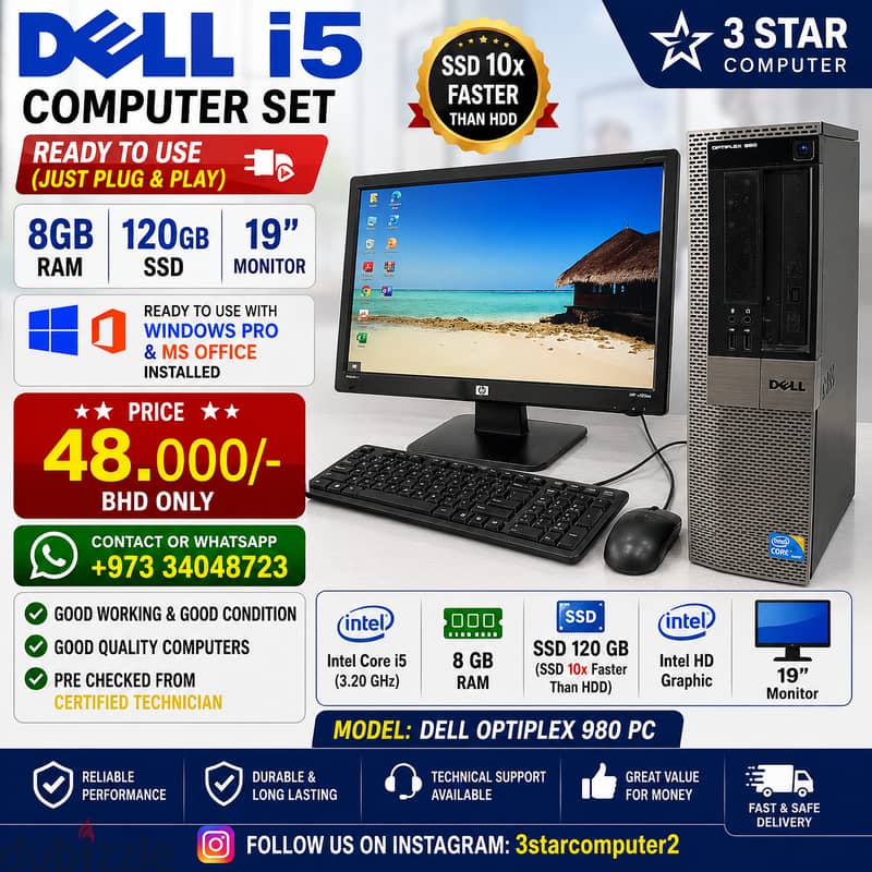 DELL I5 Computer Set 8GB Ram 120GB SSD(SSD 10x Fast) With 19" Monitor 1