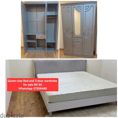 Queen size bed with 3 door wardrobe & other items for sale