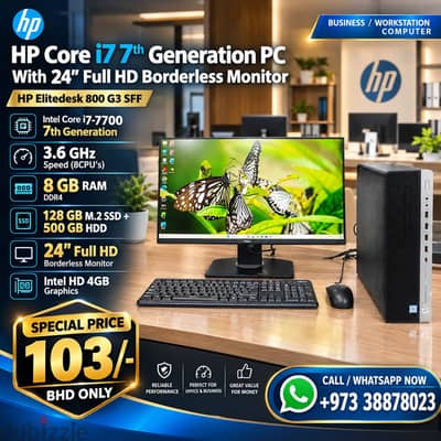 HP Core i7 7th GEN PC 8GB RAM 128GB M. 2 SSD + 500GB HDD 24" FHD Border