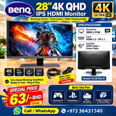 BenQ 28" 4K QHD IPS LED Monitor Resolution 3840x2160 Input: HDMI & DP