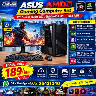 ASUS Gaming Computer Set 27" Gaming 165Hz LED 16GB RAM NVidia 4GB GPU