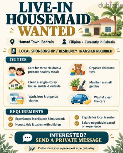Live-in Housemaid Wanted – Hamad Town, Bahrain