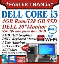 DELL Core i3 WIFI Computer 20" Monitor 4GB Ram 128GB SSD 10 time Fast 0