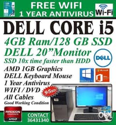 DELL Core i5 WIFI Computer 20" Monitor 4GB Ram 128GB SSD (10 time fast 0