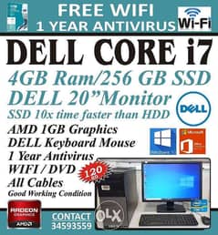 DELL Core i7 PC 20" LCD 4GB Ram 256GB SSD FREE WIFI+1 Year Antivirus 0