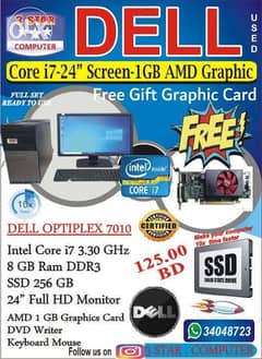 DELL i7 Computer 24",22",20" Monitor (SSD 256GB 10x Fast) 8GB RAM Free 0