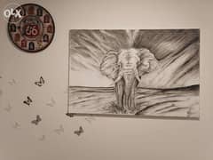 38 inch elephant charcoal canvas drawing.