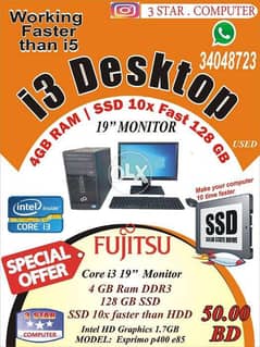 Fujitsu Intel Core i3 Computer Set With 19"HD Monitor Ram 4GB 128GB SS 0