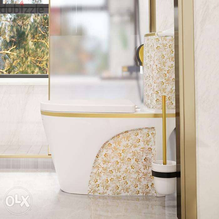 مرحاض أبيض فاخر بتصميم نموذج مع مرحاض زهور ذهبية 2