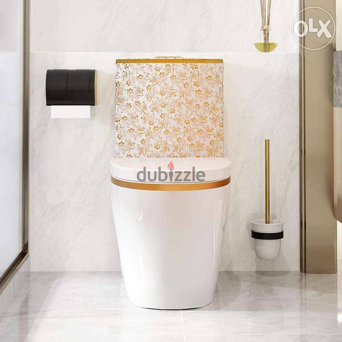 مرحاض أبيض فاخر بتصميم نموذج مع مرحاض زهور ذهبية 3